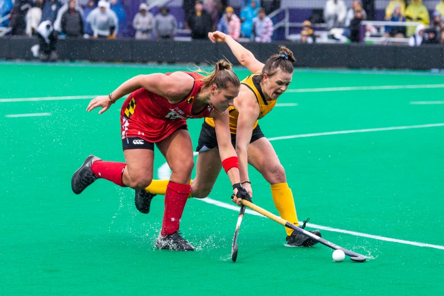 Iowa forward Maddy Murphy fights for the ball during the Championship Game in the Big Ten Field Hockey Tournament at Lakeside Field in Evanston, IL on Sunday, Nov. 3, 2018. The no. 2 ranked Terrapins defeated the no. 8 ranked Hawkeyes 2-1.