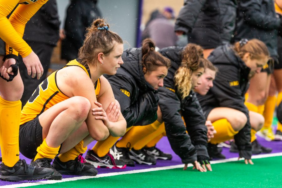 Iowa players cool down on the sidelines after the Championship Game in the Big Ten Field Hockey Tournament at Lakeside Field in Evanston, IL on Sunday, Nov. 3, 2018. The no. 2 ranked Terrapins defeated the no. 8 ranked Hawkeyes 2-1. 