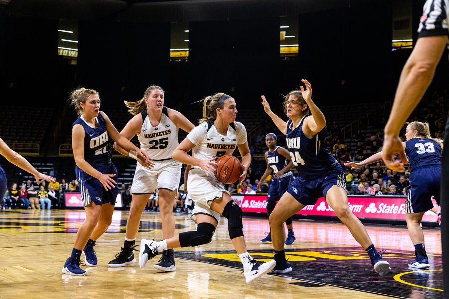 Iowa guard Makenzie Meyer No. 3 drives into the lane during a womens basketball game against Oral Roberts University on Friday, Nov. 9, 2018. The Hawkeyes defeated the Golden Eagles 90-77.