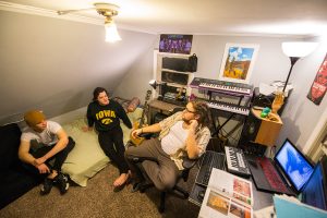 The psychedelic rock band Waverly as seen in the space where they produce their music. From left, Brendan and Ethan hang out in Iowa City on Nov. 13, 2018. 