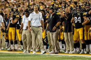 Iowa head coach Kirk Ferentz paces the sidelines during a game against Northern Iowa at Kinnick Stadium on Saturday, Sept. 15, 2018. The Hawkeyes defeated the Panthers 38–14. 