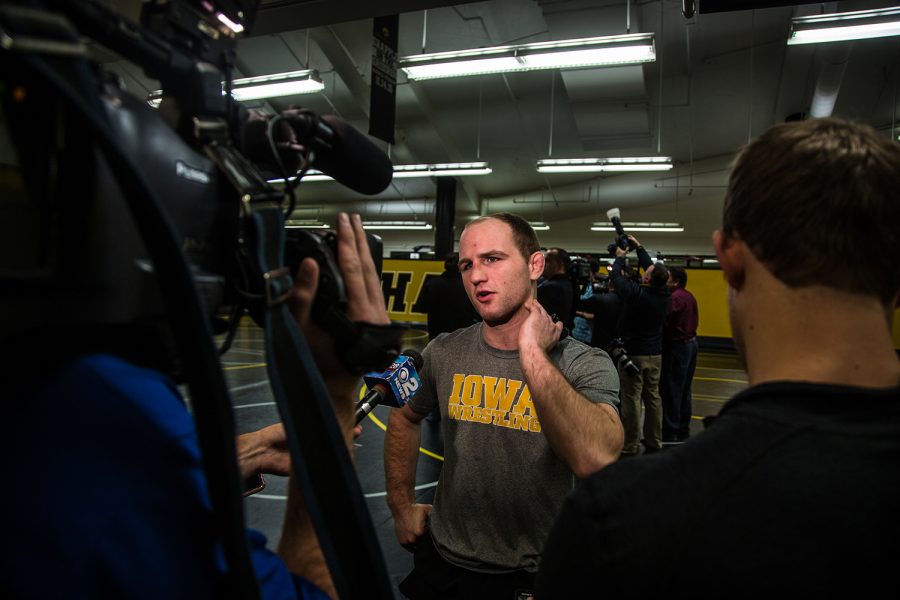 Alex Marinelli answers questions during Wrestling Media Day at the Dan Gable Wrestling Complex on Monday, Nov. 5, 2018. 