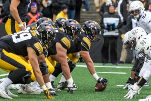 The Iowa offensive line squares up against the Northwestern defense during a game against Northwestern University on Saturday, Nov. 10, 2018 at Kinnick Stadium in Iowa City. The Wildcats defeated the Hawkeyes 14-10.