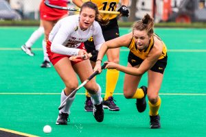Iowa forward Maddy Murphy chases the ball to the sideline during a field hockey match against Maryland on Sunday, Oct. 14, 2018. The no. 2 ranked Terrapins defeated the no. 8 ranked Hawkeyes 2-1. (David Harmantas/The Daily Iowan)