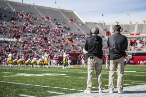Iowa head coach Kirk Ferentz and offensive coordinator Brian Ferentz watch the game during Iowas game at Indiana at Memorial Stadium in Bloomington on Saturday, Oct. 13, 2018. 