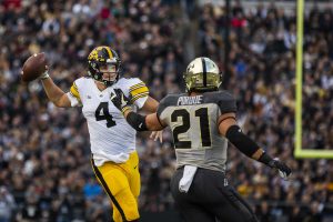 Iowa quarterback Nate Stanley throws a pass during the Iowa/Purdue game at Ross-Ade Stadium in West Lafayette, Ind. The Boilermakers defeated the Hawkeyes, 38-36, with a last second field goal.
