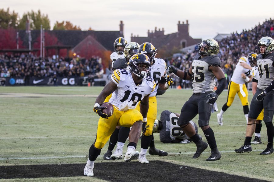 Iowa running back Mekhi Sargent scores a touchdown during the Iowa/Purdue game at Ross-Ade Stadium in West Lafayette, Ind. The Boilermakers defeated the Hawkeyes, 38-36, with a last second field goal. 