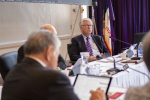 Regents President Mike Richards listens during the state Board of Regents meeting at the University of Northern Iowa in Cedar Falls on Friday, November 15, 2018. 