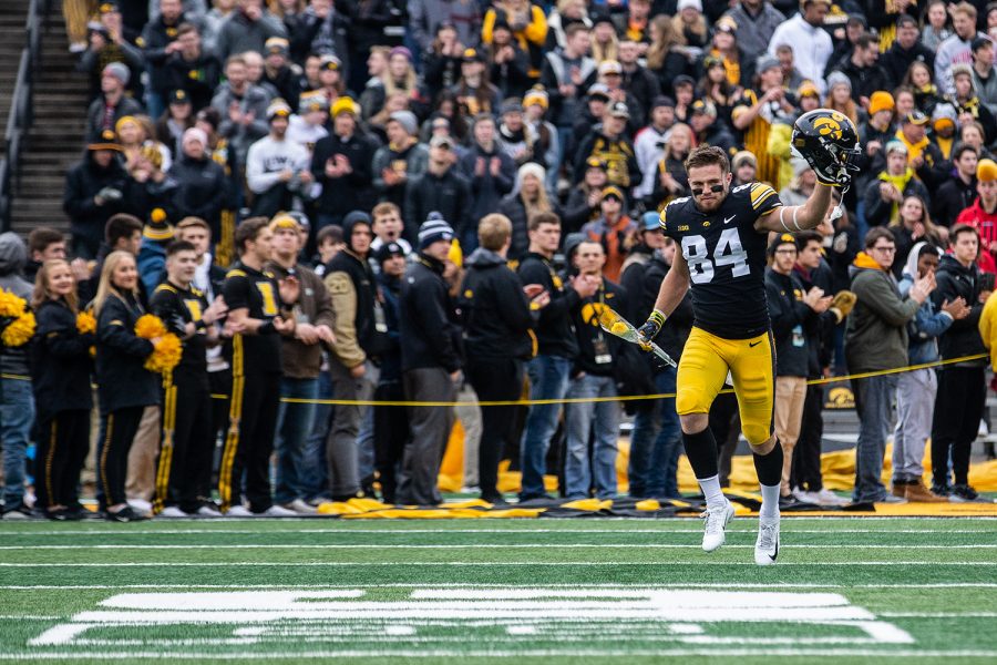 Iowa wide receiver Nick Easley runs on to the field during Iowa's Senior Day ceremony before the Iowa vs. Nebraska game on Friday, November 23, 2018. Iowa defeated the Huskers 31-28.