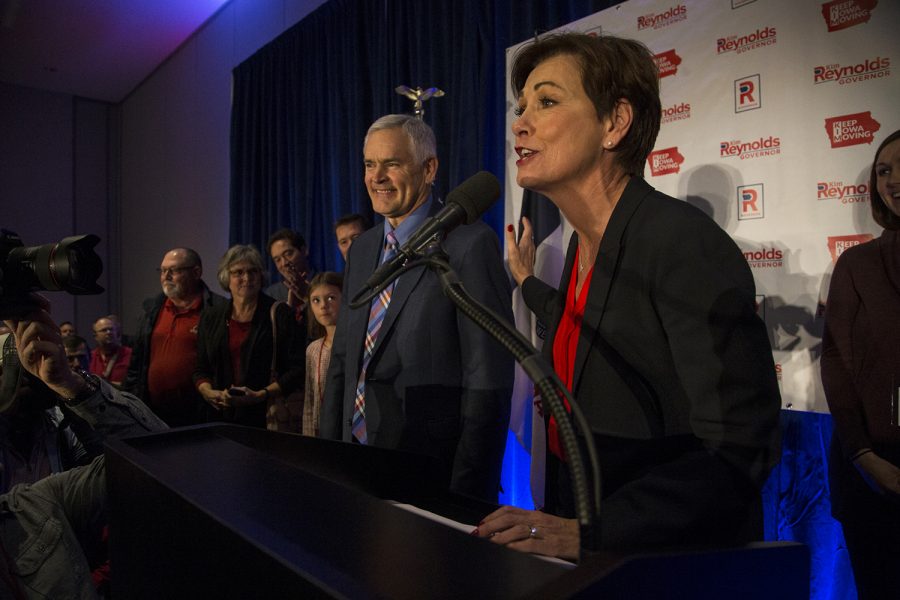 Re-elected Gov. Kim Reynolds addresses her supporters at the Hilton in Des Moines on Wednesday, Nov. 7, 2018. Reynolds defeated her opponent, Democratic candidate Fred Hubbell.