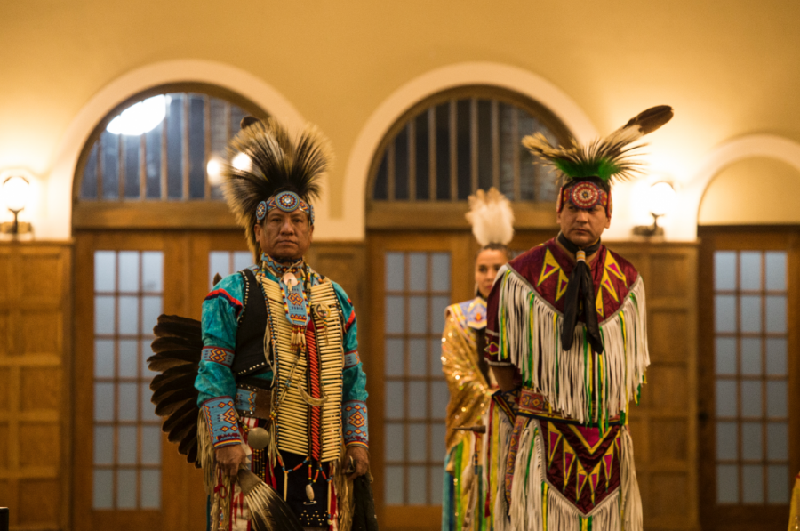 Two members of the Morningstar Dance Troupe during an American Indian Dance Theater performance in the Main Ballroom of the IMU on Wednesday, Nov. 28. This event was hosted by the Native American Student Association. 