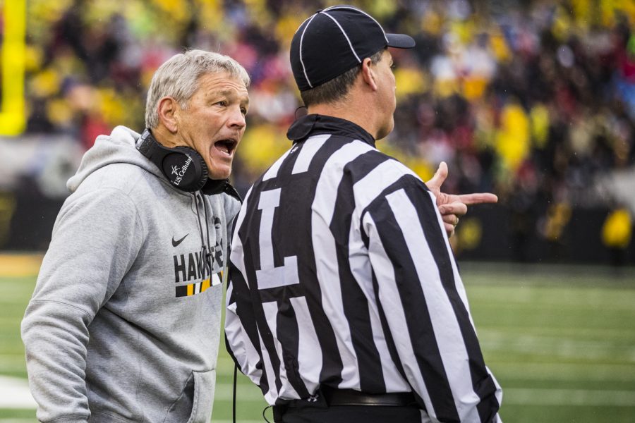 Iowa+head+coach+Kirk+Ferentz+discusses+the+finer+points+of+officiating+with+the+line+judge+during+Iowas+game+against+Nebraska+at+Kinnick+Stadium+in+Iowa+City+on+Friday%2C+November+23%2C+2018.+The+Hawkeyes+defeated+the+Huskers+31-28.
