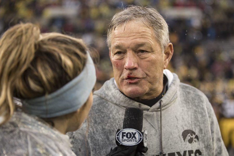 Iowa+head+coach+Kirk+Ferentz+gives+a+postgame+inerview+after+Iowas+game+against+Nebraska+at+Kinnick+Stadium+in+Iowa+City+on+Friday%2C+November+23%2C+2018.+Ferentz+was+bleeding+during+his+interview+after+being+accidentally+head--butted+by+quarterback+Nate+Stanley+during+post+game+celebrations.+The+Hawkeyes+defeated+the+Huskers+31-28.