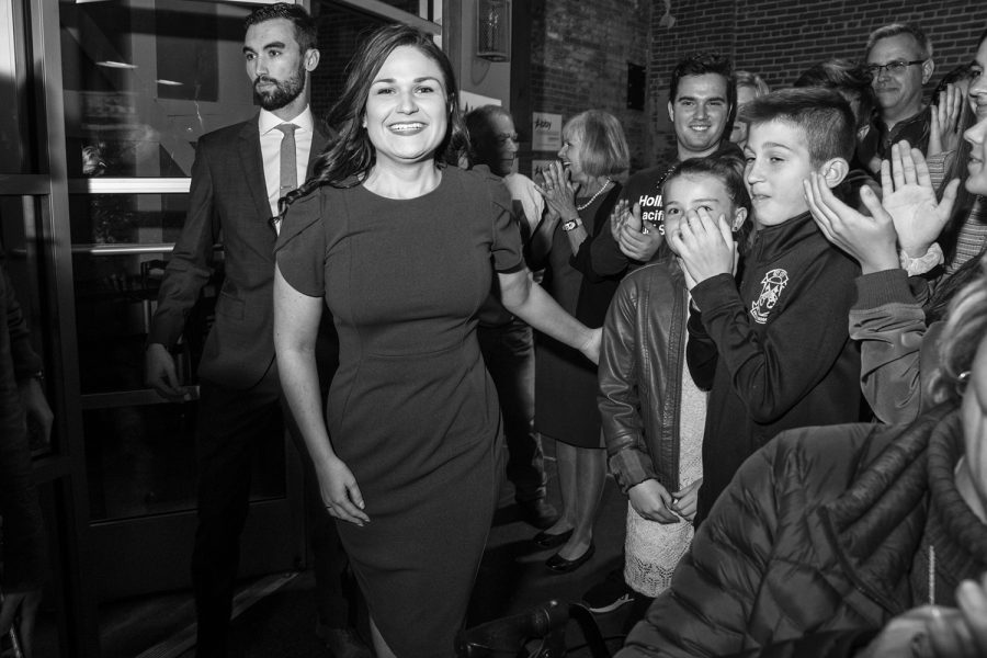 Democratic candidate for Iowa’s first congressional district Abby Finkenauer is greeted by supporters during a watch party at 7 Hills Brewing Company in Dubuque Iowa on Tuesday Nov. 6, 2018. Finkenauer defeated incumbent Republican Rod Blum and, along with Alexandria Ocasio-Cortez, NY-14, becomes one of the first women under 30 elected to the U.S. House of Representatives.