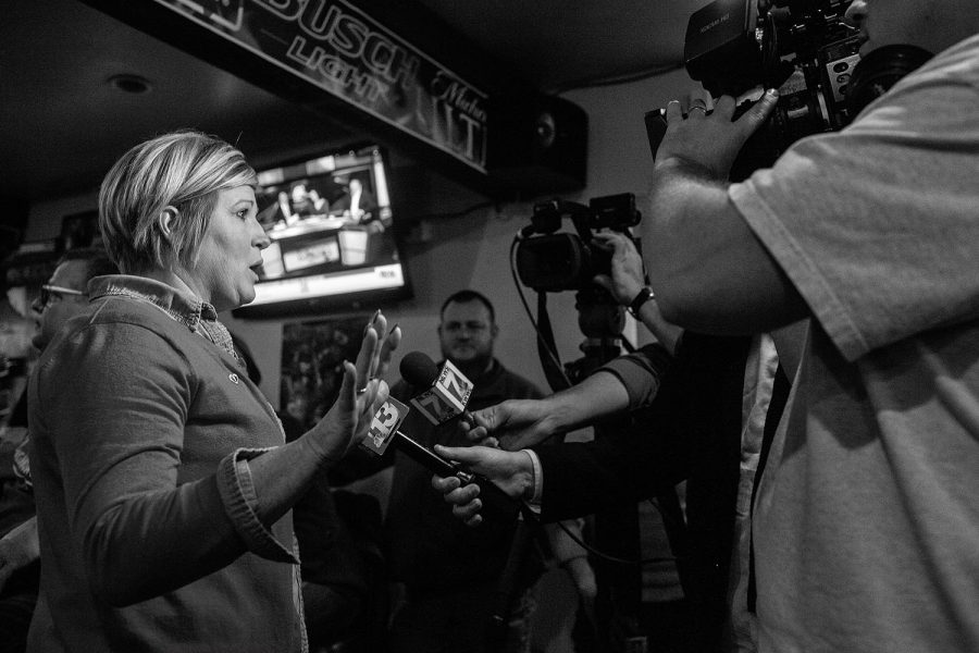 Media interviews Shannon Lundgren, the Iowa House's 57th district incumbent, at Rod Blum's watch party on Wednesday, November 7, 2018. Lundgren won her reelection bid and will serve a second term in the House.