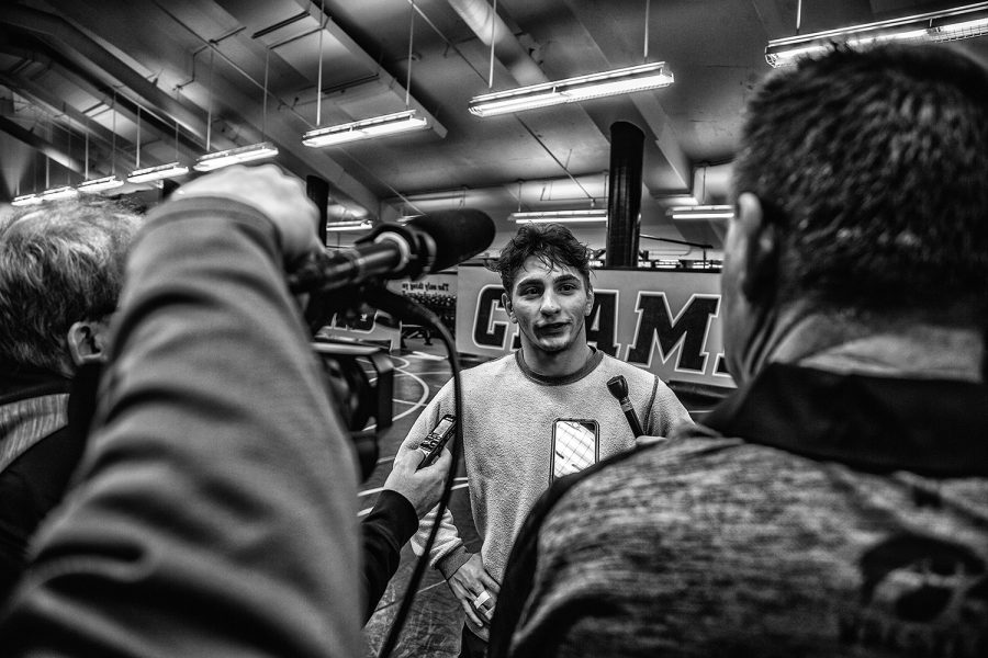 Austin DeSanto answers questions during Wrestling Media Day at the Dan Gable Wrestling Complex on Monday, November 5, 2018. (Shivansh Ahuja/The Daily Iowan)