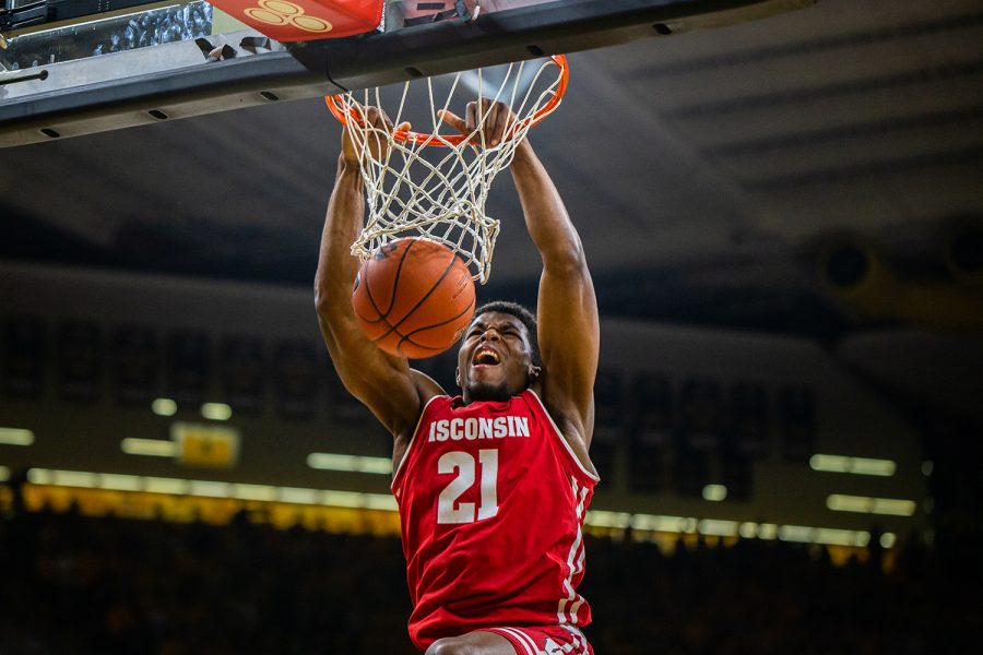 Wisconsin guard Khalil Iverson dunks during Iowas game against Wisconsin at Carver-Hawkeye Arena on November 30, 2018. The Hawkeyes were defeated by the Badgers 72-66.