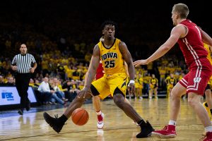 Iowa forward Tyler Cook dribbles down the baseline during Iowas game against Wisconsin at Carver-Hawkeye Arena on November 30, 2018. The Hawkeyes were defeated by the Badgers 72-66.