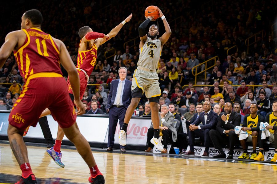 Iowa guard Isaiah Moss shoots during Iowa's game against Iowa State at Carver-Hawkeye Arena on December 6, 2018. The Hawkeyes defeated the Cyclones 98-84.(Megan Nagorzanski/The Daily Iowan)