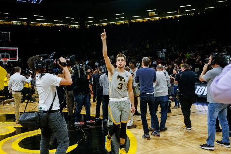 Iowa guard Jordan Bohannon celebrates after Iowas game against Iowa State at Carver-Hawkeye Arena on December 6, 2018. The Hawkeyes defeated the Cyclones 98-84.