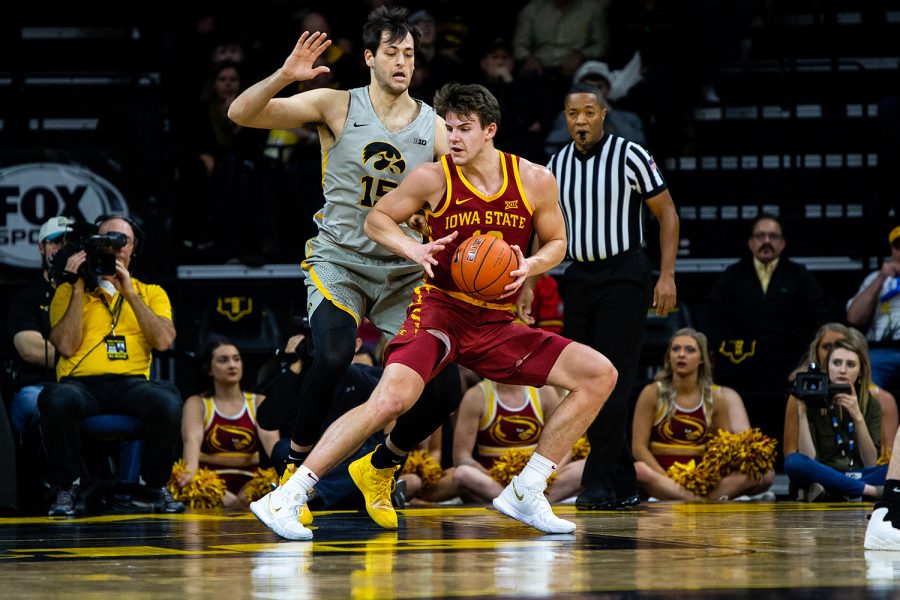 Iowa forward Ryan Kriener defends the basket during Iowa's game against Iowa State at Carver-Hawkeye Arena on December 6, 2018. The Hawkeyes defeated the Cyclones 98-84.(Megan Nagorzanski/The Daily Iowan)