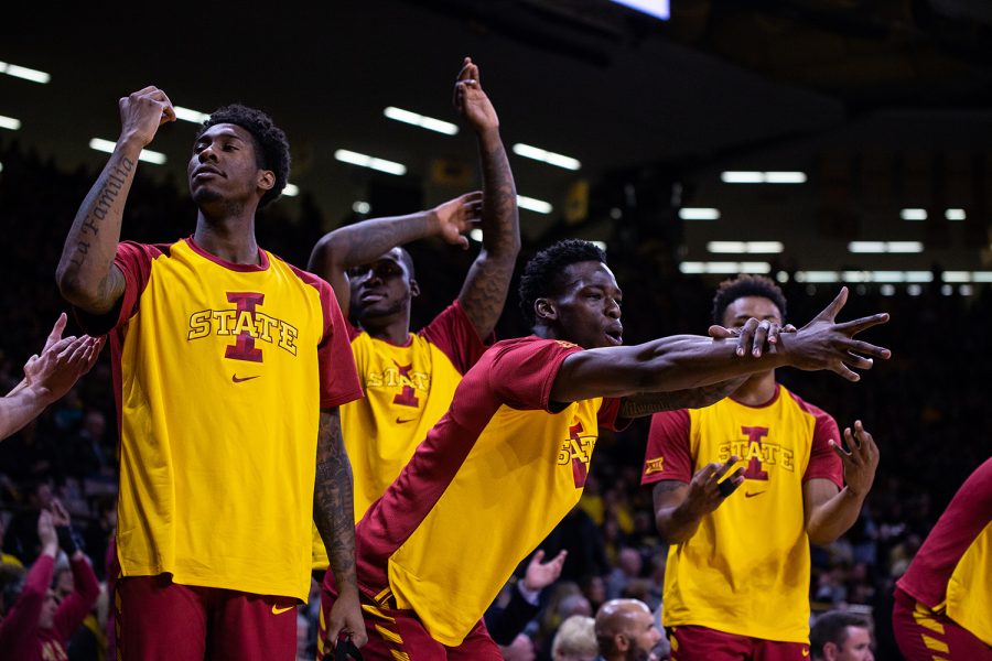 Iowa State players celebrate during Iowa's game against Iowa State at Carver-Hawkeye Arena on December 6, 2018. The Hawkeyes defeated the Cyclones 98-84.(Megan Nagorzanski/The Daily Iowan)