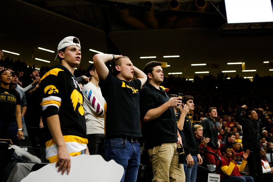 Iowa fans react during Iowas game against Iowa State at Carver-Hawkeye Arena on December 6, 2018. The Hawkeyes defeated the Cyclones 98-84.(Megan Nagorzanski/The Daily Iowan)