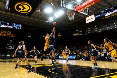 Center Megan Gustafson shoots the ball during the womans basketball game at Carver Hawkeye Arena on December 2, 2018. The Hawkeyes won against Robert Morris 92-63. (Roman Slabach/The Daily Iowan)