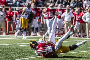 Iowa defensive back Amani Hooker tackles Indiana wide receiver J-Shun Harris during Iowas game at Indiana at Memorial Stadium in Bloomington on Saturday, October 13, 2018. The Hawkeyes beat the Hoosiers 42-16. 