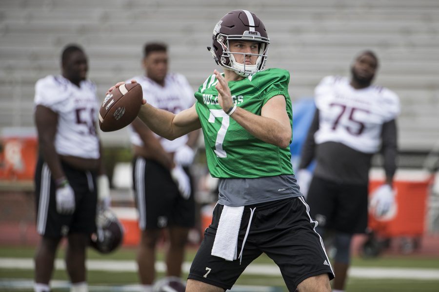 Mississippi State quarterback Nick Fitzgerald throws a pass during a practice at Jesuit High School in Tampa, Florida on Saturday Dec. 29, 2018.