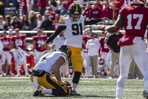 Iowa kicker Miguel Recinos kicks the ball during Iowas game at Indiana at Memorial Stadium in Bloomington on Saturday, Oct. 13, 2018. The Hawkeyes beat the Hoosiers 42-16. 