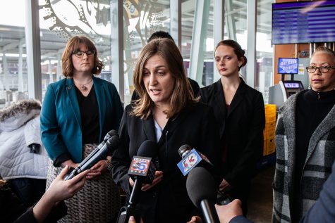 ACLU Legal Director Rita Bettis speaks to the press following a hearing on the fetal-heartbeat law at the Polk County Courthouse on Friday, December 7, 2018. The decision on whether or not to put the bill into effect that would ban abortions after a fetal heartbeat is detected, around six weeks, could take up to 60 days. (Wyatt Dlouhy/The Daily Iowan)