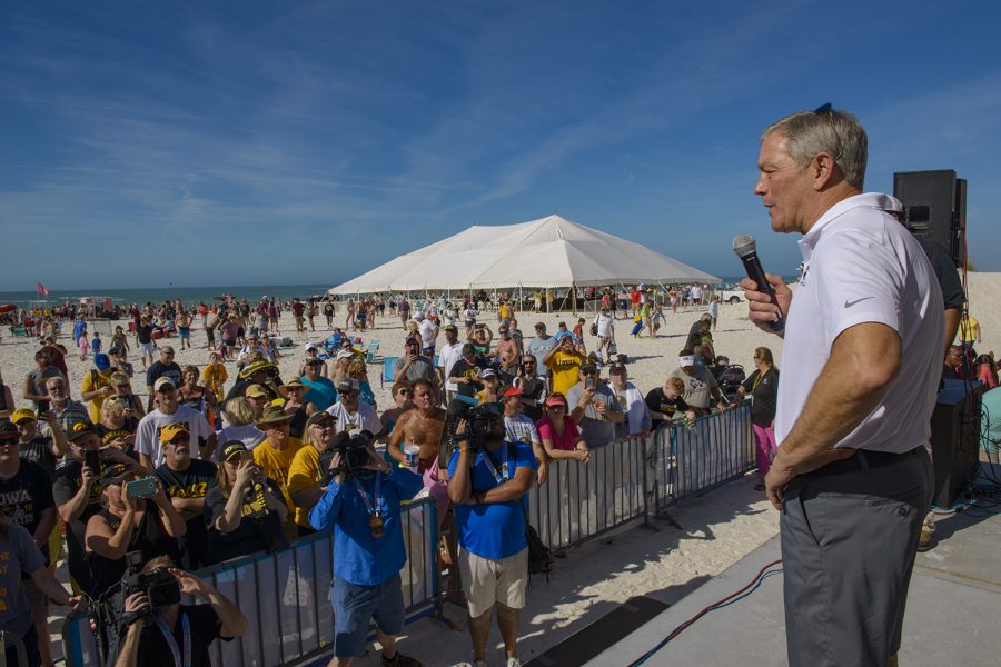 Iowa head coach Kirk Ferentz addresses fans during  Outback Bowl Beach Day at the Hilton Clearwater Beach Resort in Clearwater, Florida on Sunday Dec. 30, 2018. The day’s festivities included a variety of events for fans and general merrymaking.