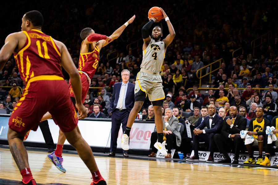 Iowa guard Isaiah Moss shoots during Iowas game against Iowa State at Carver-Hawkeye Arena on December 6, 2018. The Hawkeyes defeated the Cyclones 98-84.(Megan Nagorzanski/The Daily Iowan)