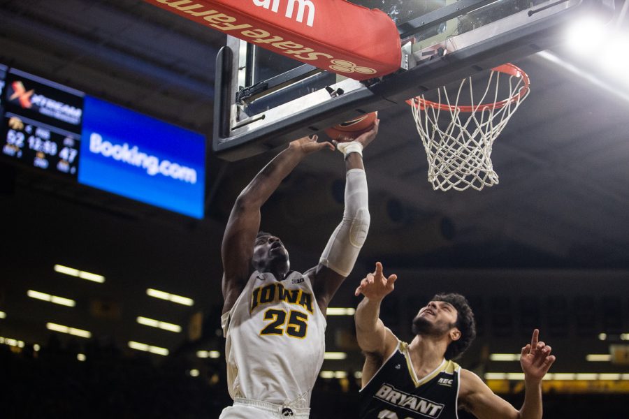 Iowa+forward+Tyler+Cook+goes+up+for+a+basket+during+the+mens+basketball+game+against+Bryant+University+on+Saturday%2C+December+29%2C+2018.+The+Hawkeyes+defeated+the+Bulldogs+72-67.+%28Wyatt+Dlouhy%2FThe+Daily+Iowan%29