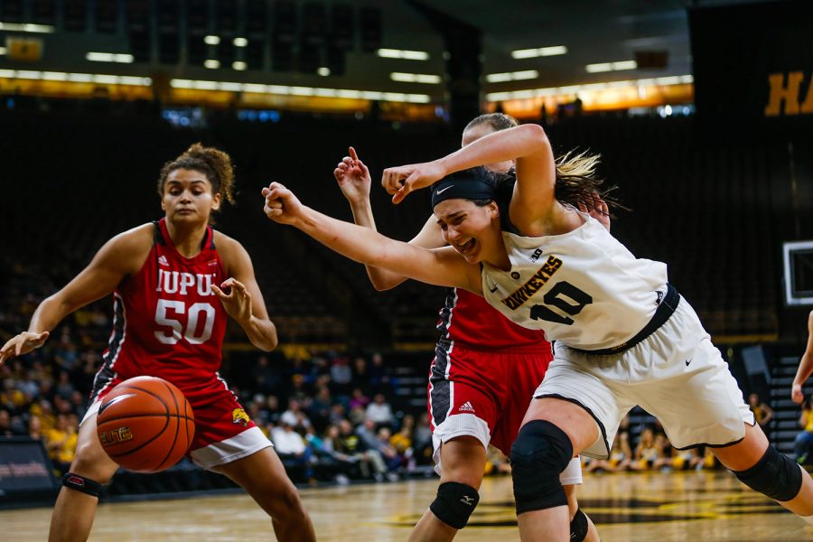 Iowa center Megan Gustafson loses the ball at the women's basketball game against IUPUI at Carver-Hawkeye Arena on Saturday, December 8, 2018. The Hawkeyes defeated the Jaguars 72-58.