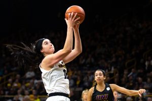 Iowa forward Megan Gustafson drives the ball in a womens basketball game against the University of Northern Iowa at Carver-Hawkeye Arena on Sunday, Dec. 16, 2018. The Hawkeyes beat the Panthers, 83-57.