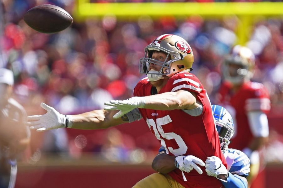 San Francisco 49ers George Kittle (85) drops a pass while being tackled by Detroit Lions Quandre Diggs (28) in the third quarter on Sunday, Sept. 16, 2018 at Levis Stadium in Santa Clara, Calif. (Jose Carlos Fajardo/Bay Area News Group/TNS)