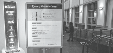 A literary kiosk is seen in the Iowa City Public Library on Tuesday. The kiosk prints one-, three-, and five-minute short stories.