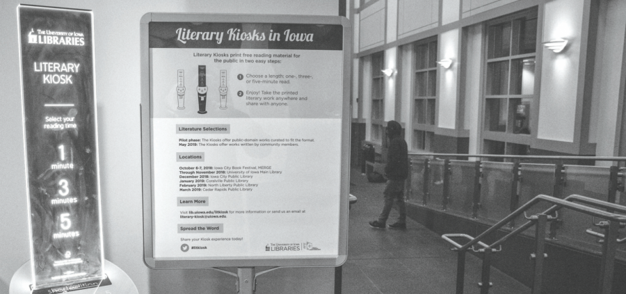 A+literary+kiosk+is+seen+in+the+Iowa+City+Public+Library+on+Tuesday.+The+kiosk+prints+one-%2C+three-%2C+and+five-minute+short+stories.