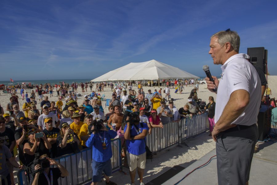 Iowa head coach Kirk Ferentz adresses fans during Outback Bowl Beach Day at the Hilton Clearwater Beach Resort in Clearwater, Florida on Sunday, December 30, 2018. The day’s festivities included a variety of events for fans and general merrymaking.