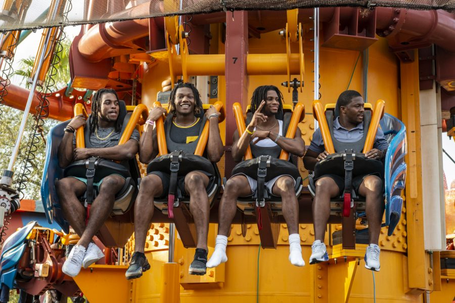 Iowa players ride the Falcons Fury during a visit to Busch Gardens in Tampa, Florida on Saturday, December 29, 2018.