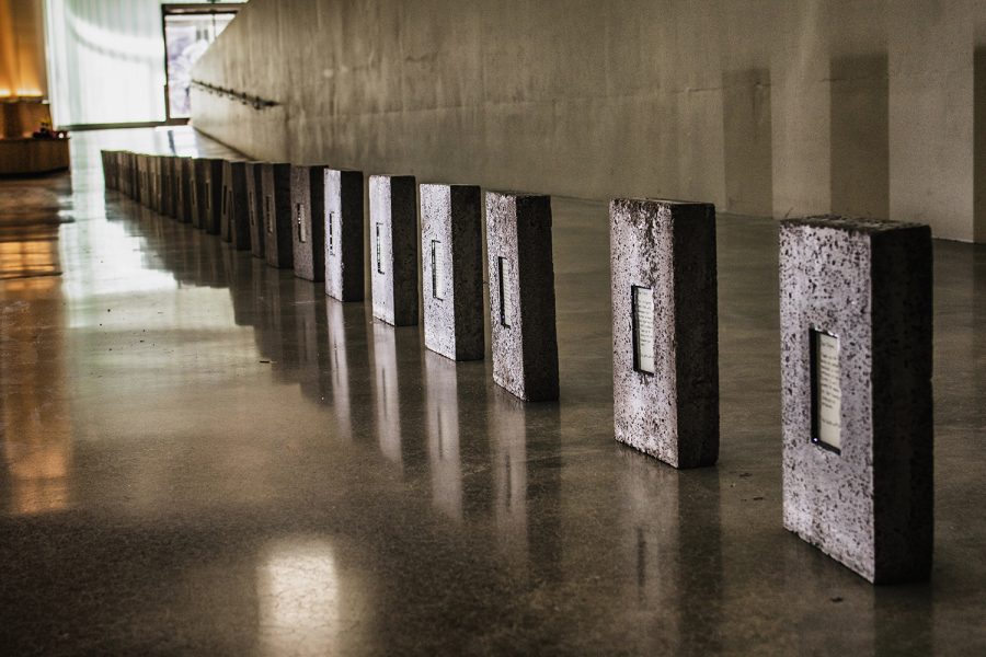 Stones part of the series "Dear Pilgrim, Thank You," by UI intermedia graduate student Melissa Airy, are seen in the Visual Arts Building on Friday, November 16, 2018. Airy dedicates her artwork to show how the Camino de Santiago, a 500-mile pilgrimage across Spain, impacted her life personally and as an artist.