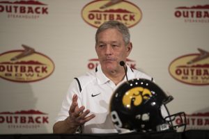 Iowa head coach Kirk Ferentz answers a question during a press conference  in Tampa, Florida on Saturday, December 29, 2018.