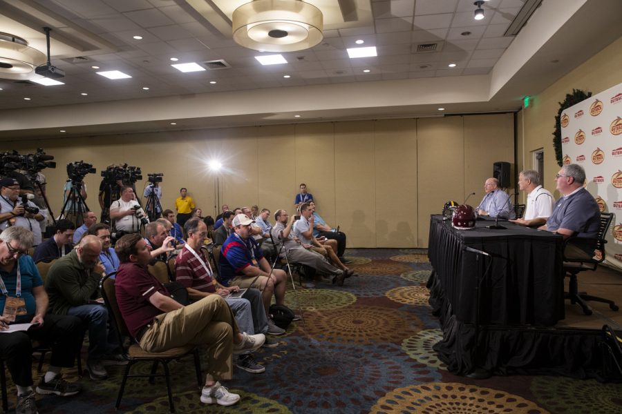 Iowa head coach Kirk Ferentz and Mississippi State head coach Joe Moorhead take questions during a press conference  in Tampa, Florida on Saturday, December 29, 2018.