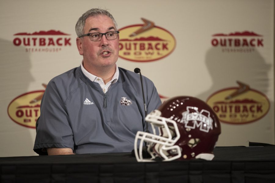 Mississippi State Head Coach Joe Moorhead answers a question during a press conference  in Tampa, Florida on Saturday, December 29, 2018.