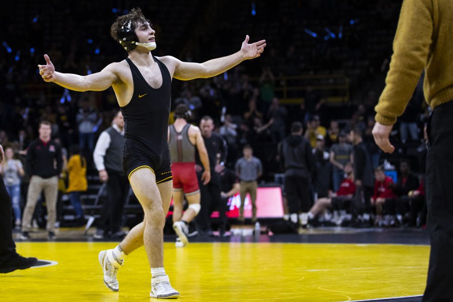 Iowas+Austin+DeSantos+wrestles+Rutgers+Nick+Suriano+at+133+during+the+Iowa%2FRutgers+wrestling+meet+at+Carver-Hawkeye+Arena+on+Friday%2C+January+18%2C+2019.+