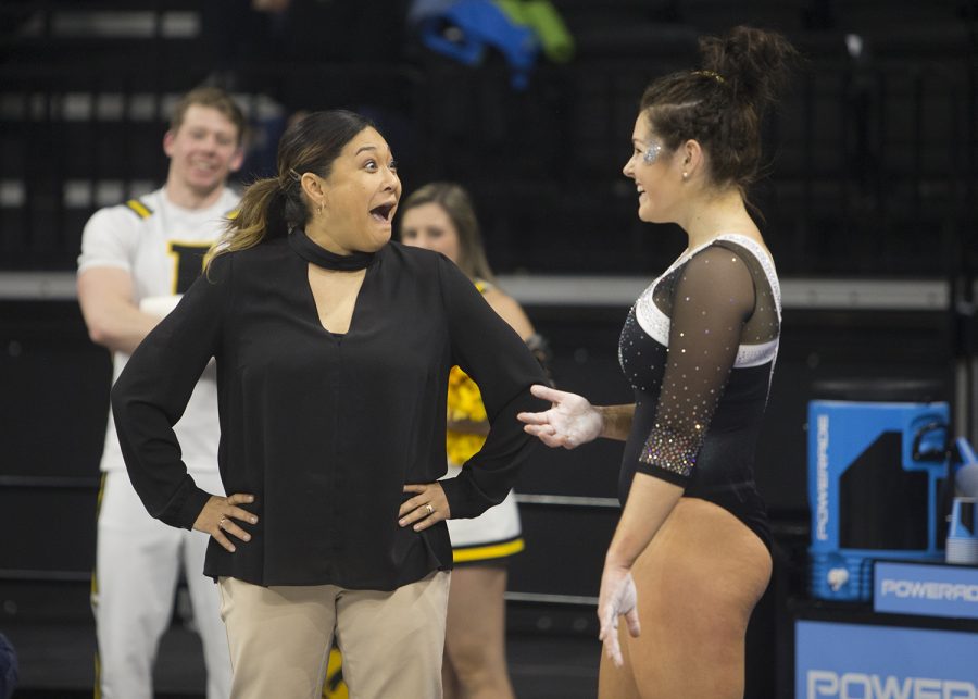 Iowa+gymnastics+coach+Larrisa+Libby+talks+to+Iowa+gymnast+Erin+Castle+during+the+floor+event+at+a+meet+against+Rutgers+on+Saturday%2C+January+26%2C+2019.+The+Hawkeyes+defeated+the+Scarlet+Knights+194.575+to+191.675.+