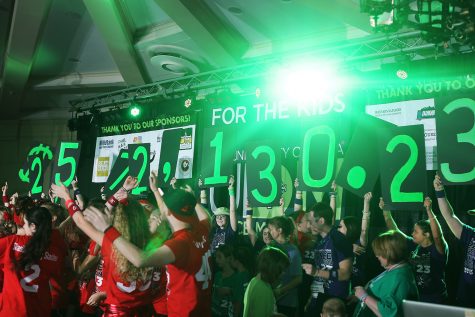 The amount of money raised is revealed during the  24th hour of the 23rd Dance Marathon in the Main Ballroom of the Iowa Memorial Union on Saturday, Feb. 4, 2017. This year UIDM raised $2,572,130.23. 