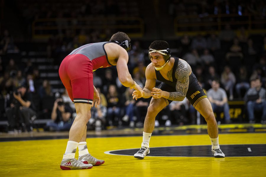 Rutgers #2 Anthony Ashnault defeats Iowas #12 Pat Lugo during the Iowa/Rutgers wrestling meet at Carver-Hawkeye Arena on Friday, January 18, 2019. Ashnault defeated Lugo, 3-0. The Hawkeyes defeated the Scarlet Knights, 30-6. 